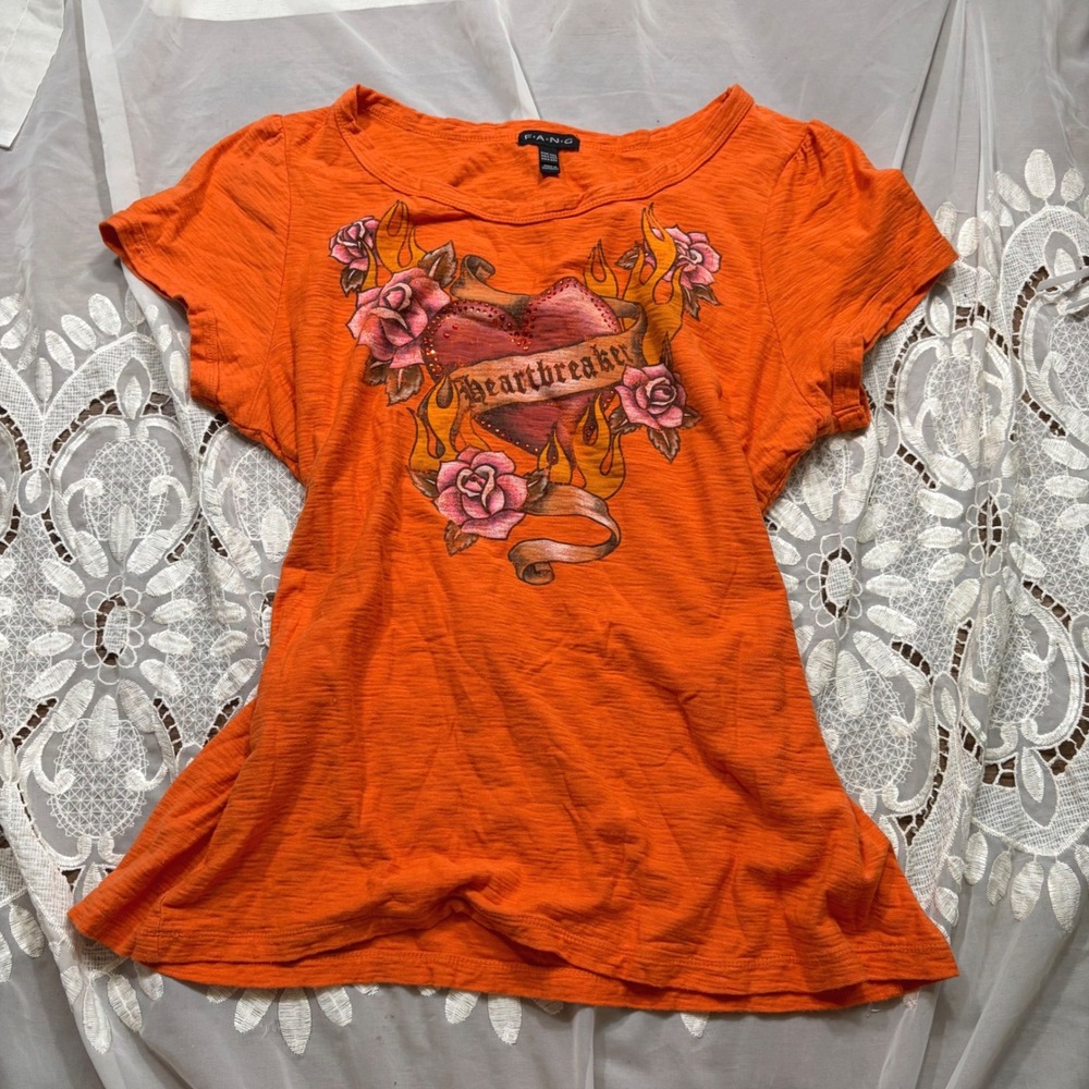 Y2K Mcbling Fang Orange Heartbreaker Tattoo Graphic Tee Rhinestone Top 2XL